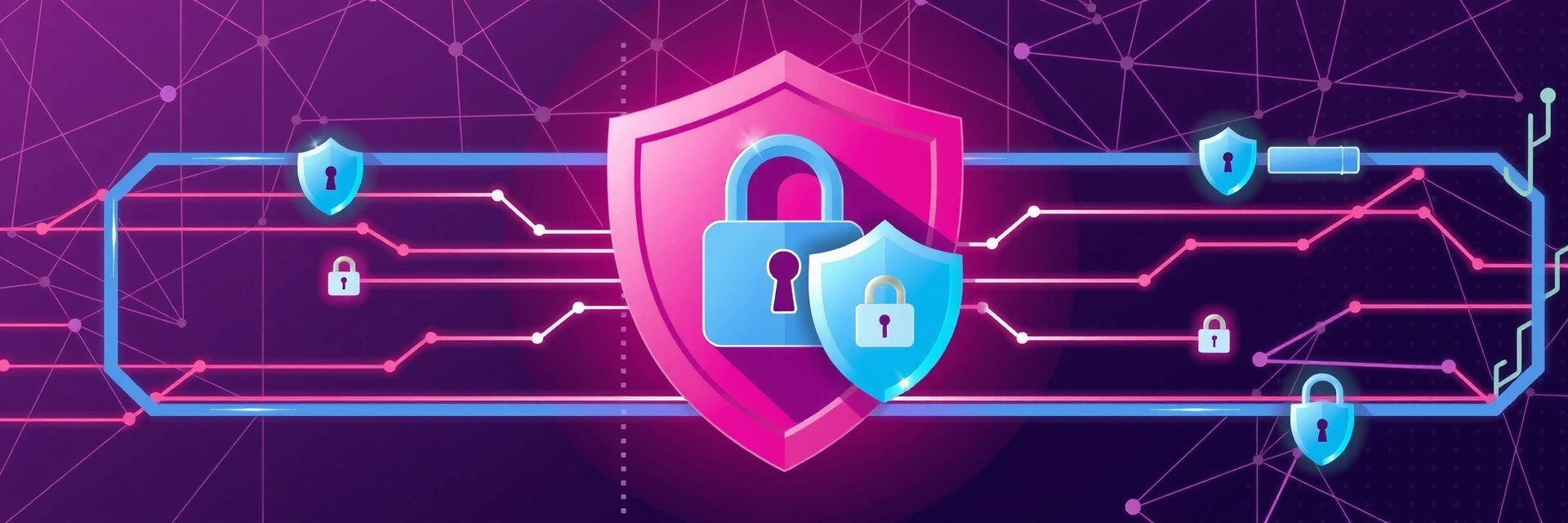 Ilustración abstracta de seguridad de datos con escudos y candados digitales