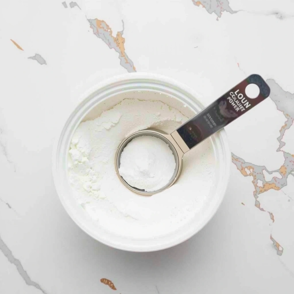 Bote de colágeno en polvo con una cuchara medidora